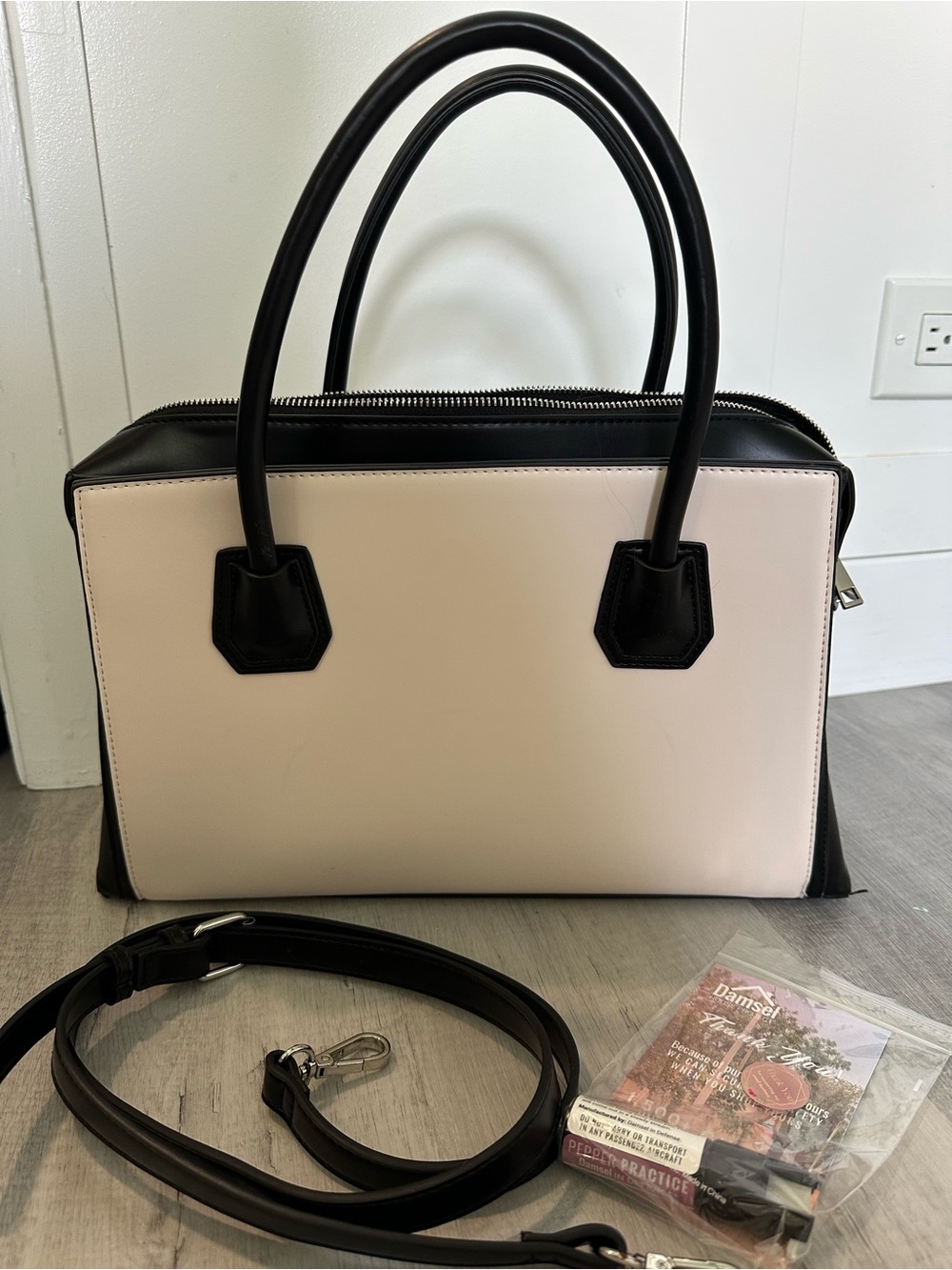 Damsel in Defense Two-Tone Cream and Black Satchel with Strap - conceal carry